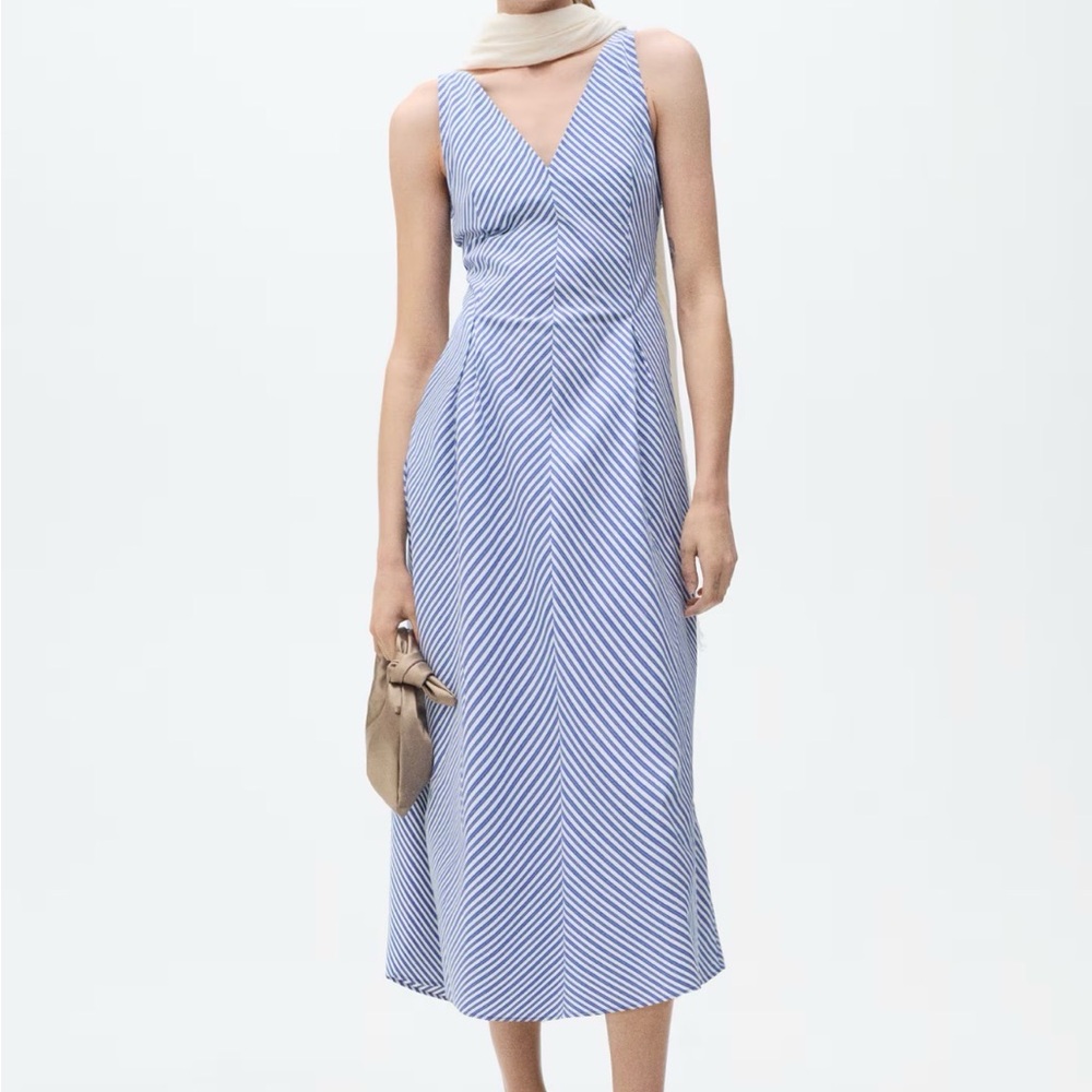 Mango Blue and White Striped Midi Dress